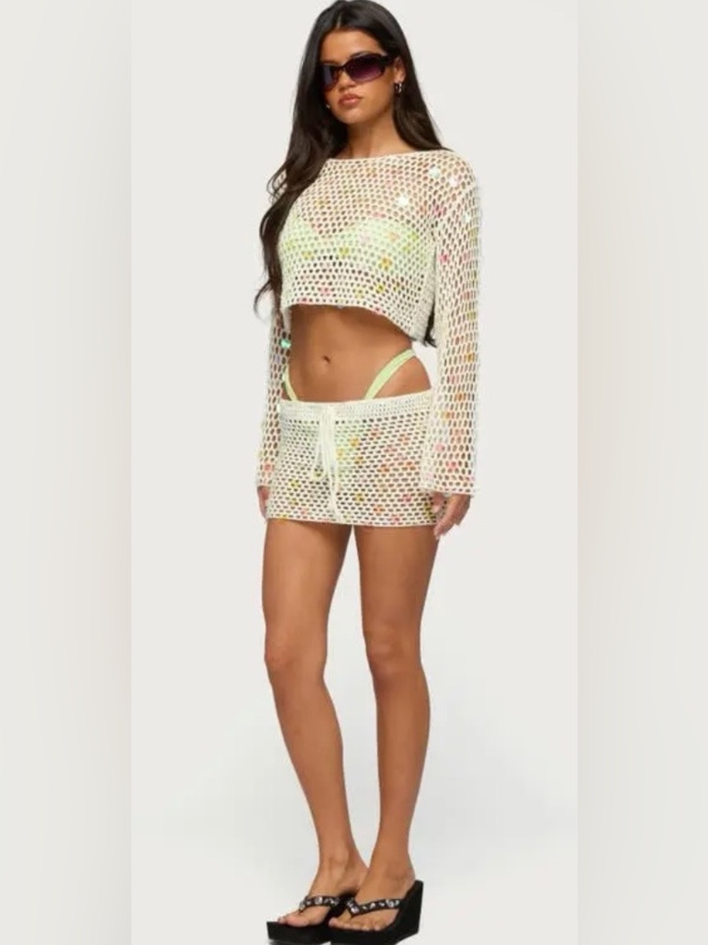 Edikted Kirah sequin crochet Cover-Up Skirt and bell long sleeve . NWT . Size XS